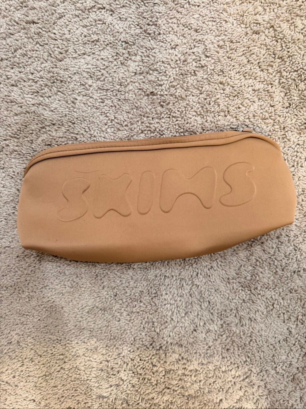 SKIMS Tan Brown Neoprene Logo Embossed Zip Pouch Travel Cosmetic Makeup Bag